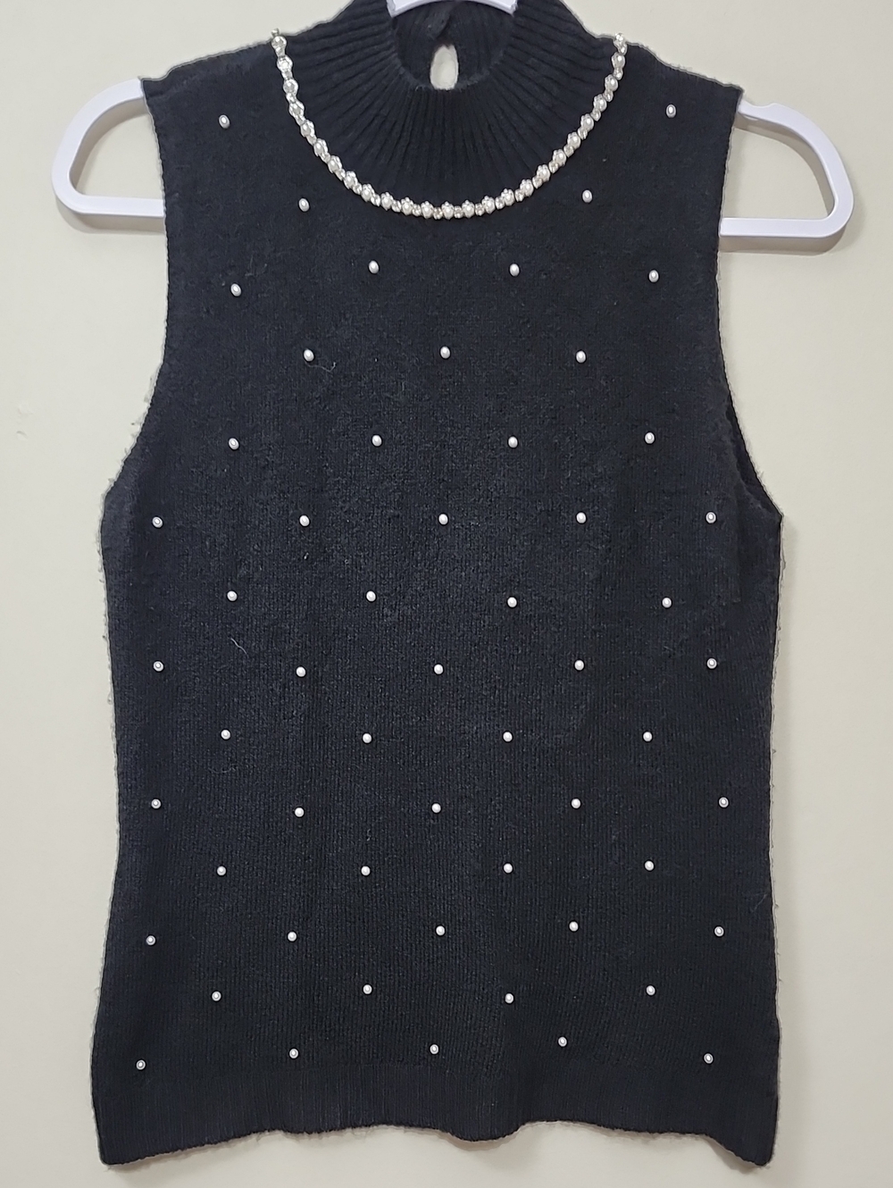 Caché Pearl Rhinestone Embellished Mock Neck Sweater Retro Vintage Party Glam SM